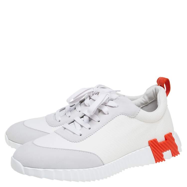 Hermes White Suede and Fabric Bouncing Sneakers Size 46