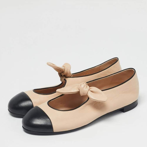 Chanel Beige/Black Leather CC Cap Toe Mary Jane Ballet Flats Size 39.5