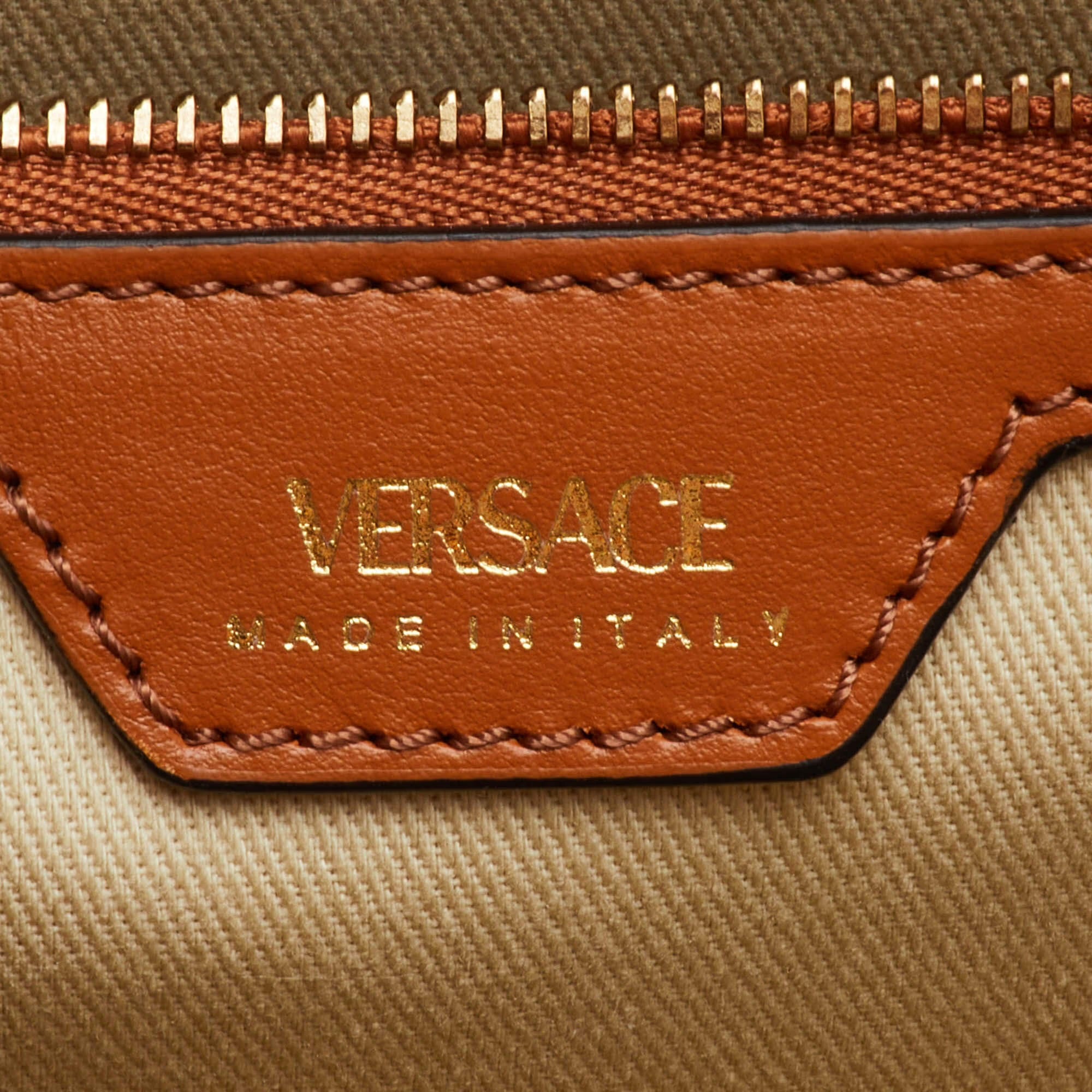 Versace Allover Blue/Brown Denim and Leather Shopper Tote