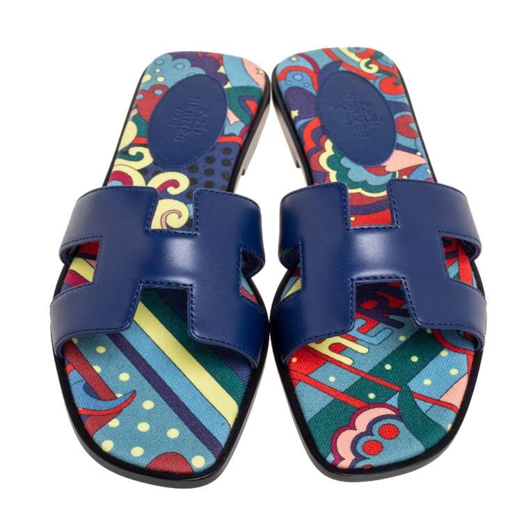 Hermes Navy Blue Leather Oran Flat Slide Sandals Size 36