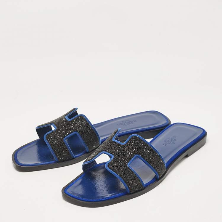 Hermes Blue/Black Suede Crystal Embellished Oran Flat Slides Size 36.5