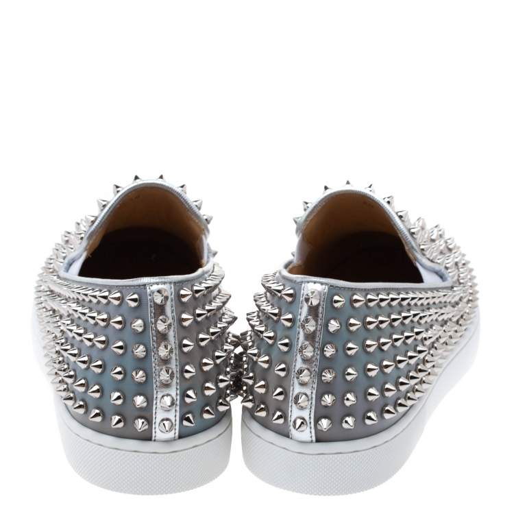 Christian Louboutin Metallic Silver Leather Roller Boat Spiked Slip On Sneakers Size 40