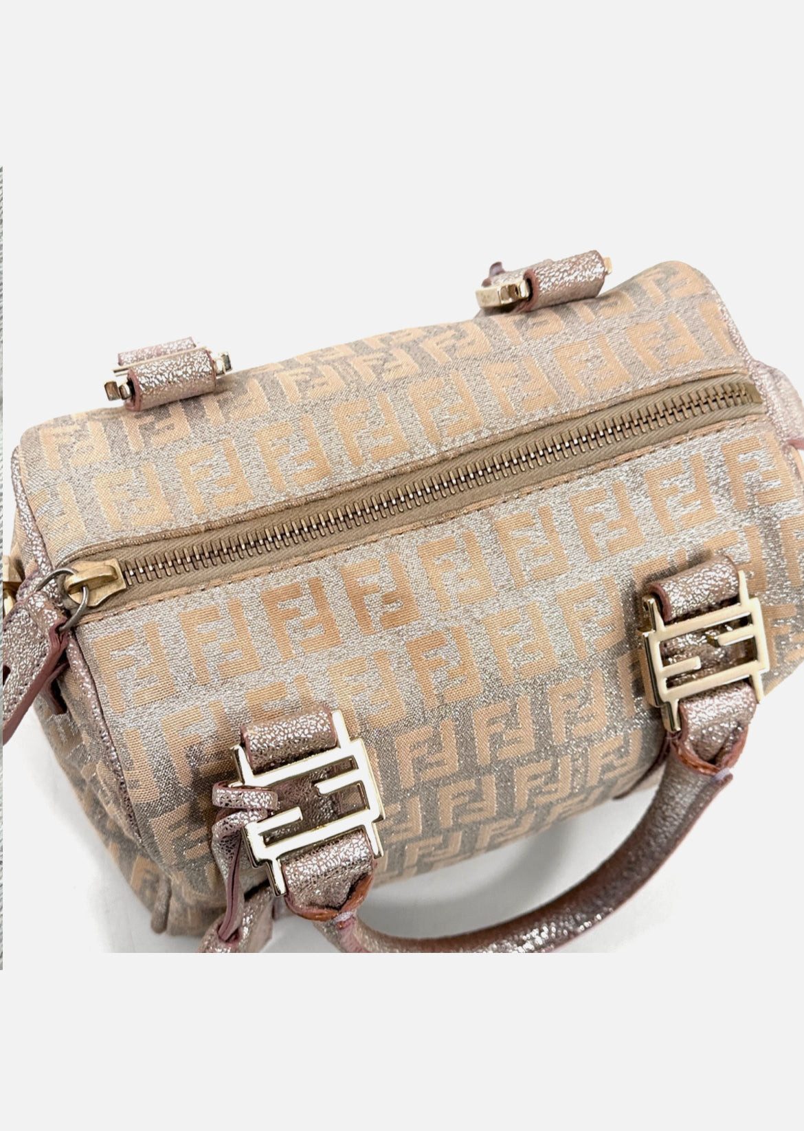 FENDI Mini Boston Bag Zucchino Canvas Leather Pink Beige Silver Purse