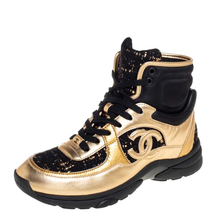 Chanel Black/Gold Tweed and Patent Leather CC High Top Sneakers Size 38