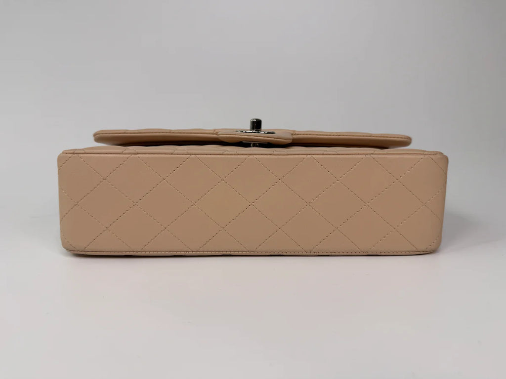 CHANEL MEDIUM CLASSIC DOUBLE FLAP LIGHT BEIGE LAMBSKIN LEATHER WITH SILVER HARDWARE