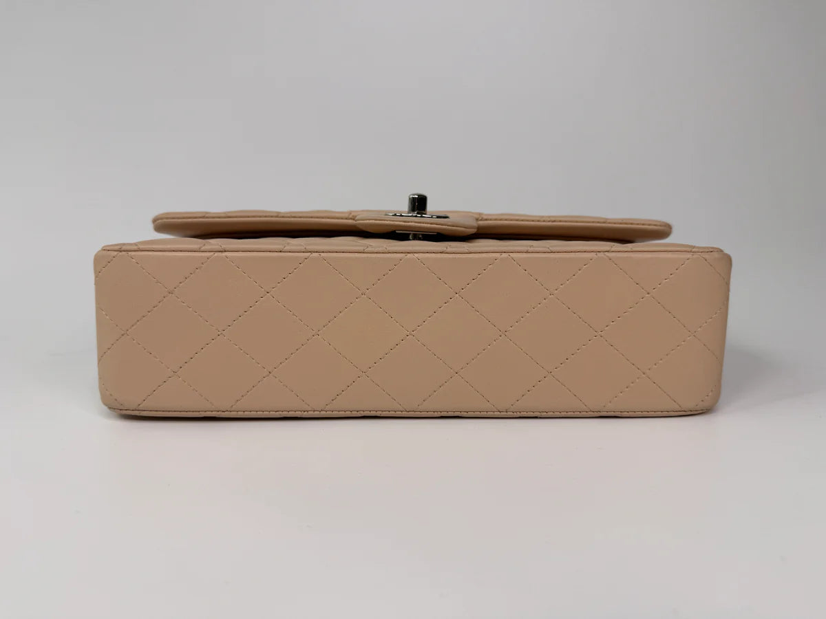 CHANEL MEDIUM CLASSIC DOUBLE FLAP LIGHT BEIGE LAMBSKIN LEATHER WITH SILVER HARDWARE