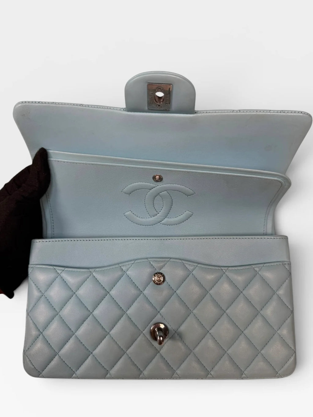 CHANEL MEDIUM DOUBLE CLASSIC FLAP LIGHT BLUE LAMBSKIN SILVER HARDWARE