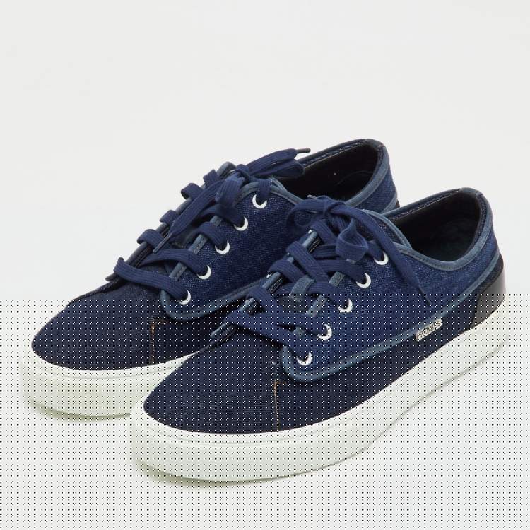 Hermes Navy Blue/Black Denim and Leather Envy Low Top Sneakers Size 43