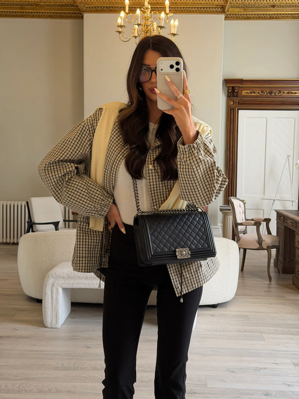 CHANEL BLACK LAMBSKIN LEATHER LARGE BOY BAG WITH RHW