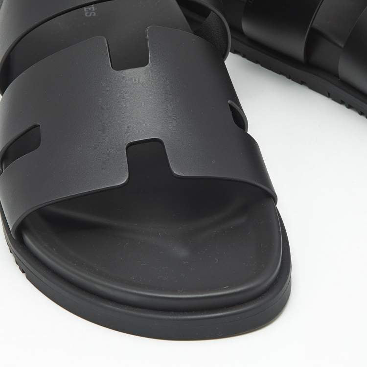 Hermes Black Leather Genius Flat Sandals Size 46