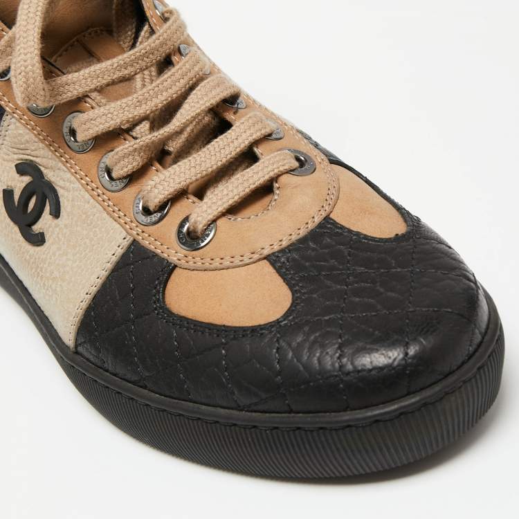 Chanel Black/Beige Leather And Nubuck CC High Top Sneakers Size 40