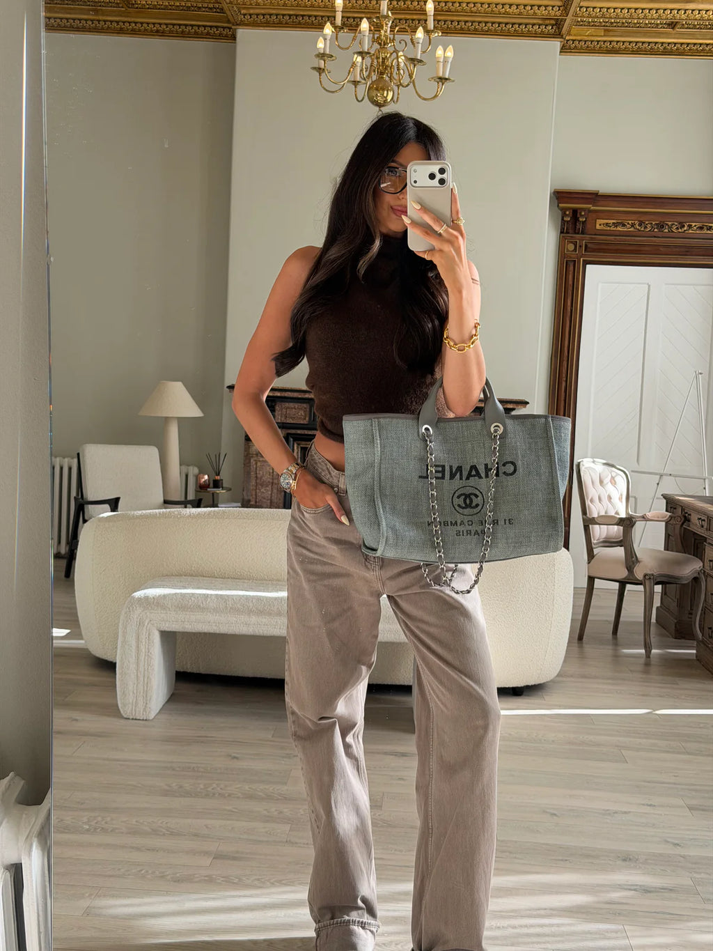 CHANEL MEDIUM DEAUVILLE TOTE BAG IN DENIM BLUE WITH SILVER HARDWARE