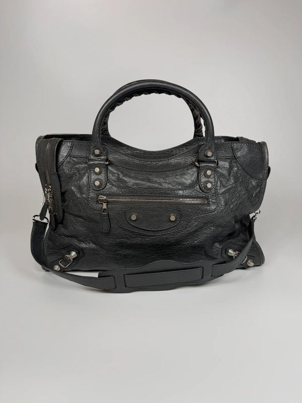 BALENCIAGA MEDIUM LE CITY BAG IN GREY LEATHER WITH SILVER HARDWARE