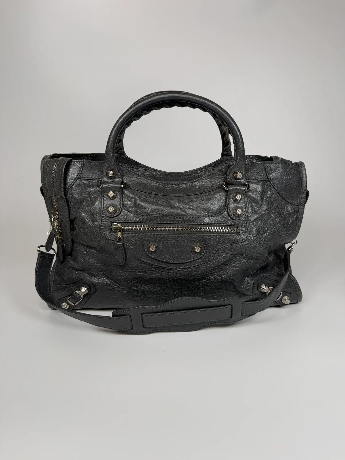 BALENCIAGA MEDIUM LE CITY BAG IN GREY LEATHER WITH SILVER HARDWARE