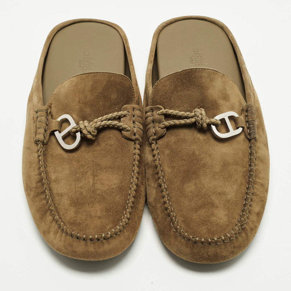 Hermes Icaro Size 43 Olive Green Suede Flat Mules