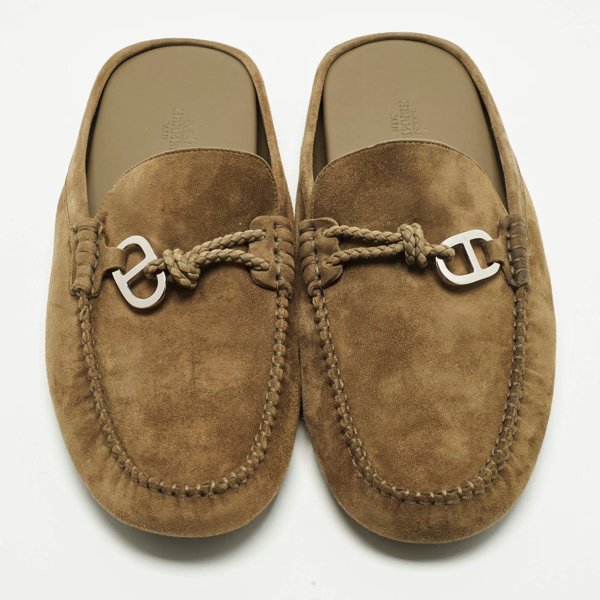 Hermes Icaro Size 43 Olive Green Suede Flat Mules
