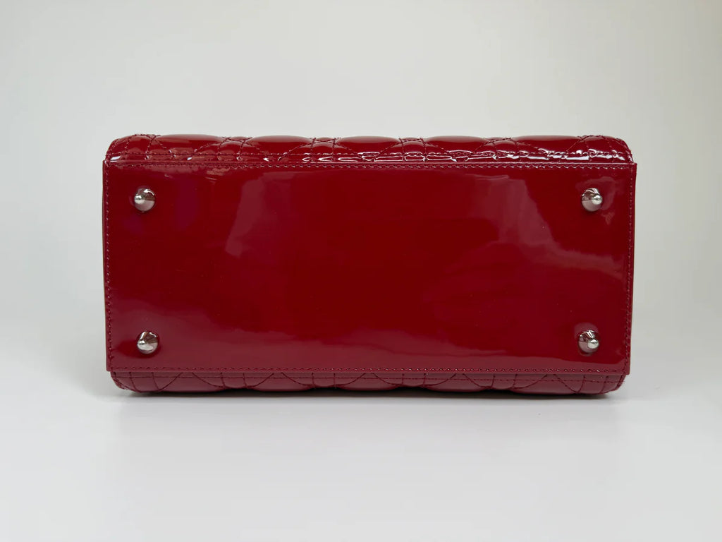 CHRISTIAN DIOR MEDIUM LADY DIOR IN PATENT RED LEATHER WITH SILVER HARDWARE