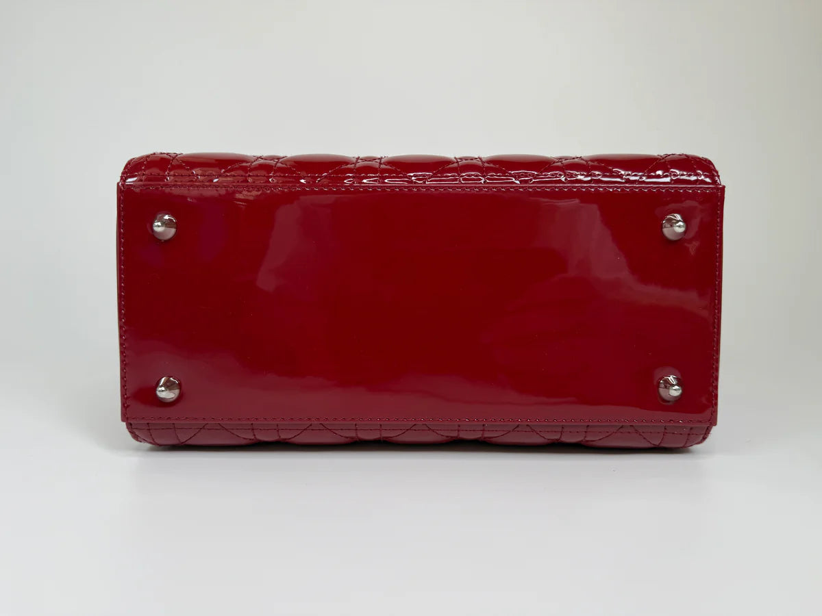 CHRISTIAN DIOR MEDIUM LADY DIOR IN PATENT RED LEATHER WITH SILVER HARDWARE