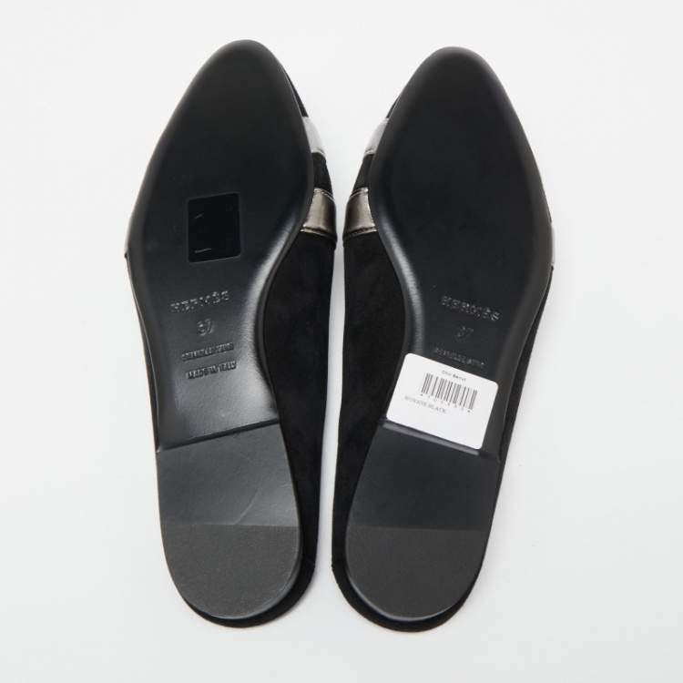 Hermes Black/Metallic Grey Suede and Leather Roxane Flat Mules Size 37