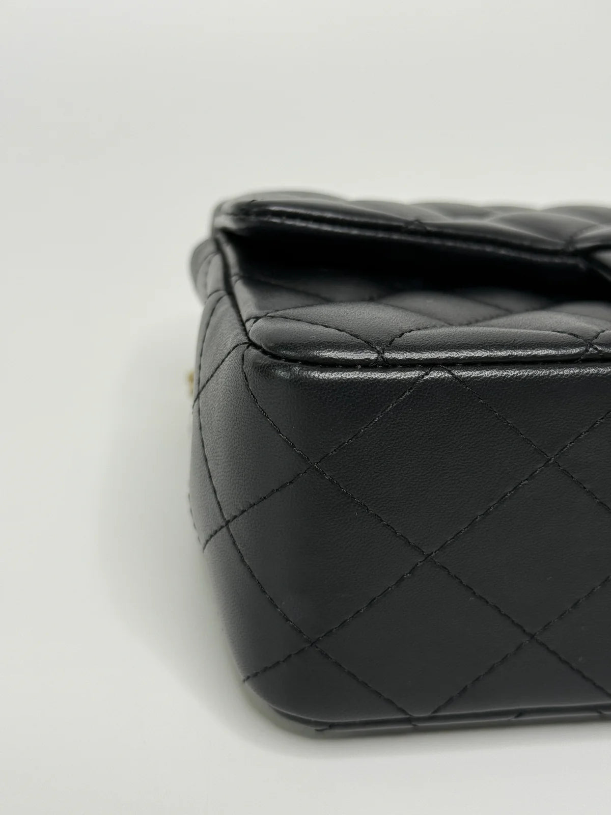 CHANEL MINI RECTANGLE TOP HANDLE FLAP BAG IN BLACK LAMBSKIN WITH PALE GOLD HARDWARE