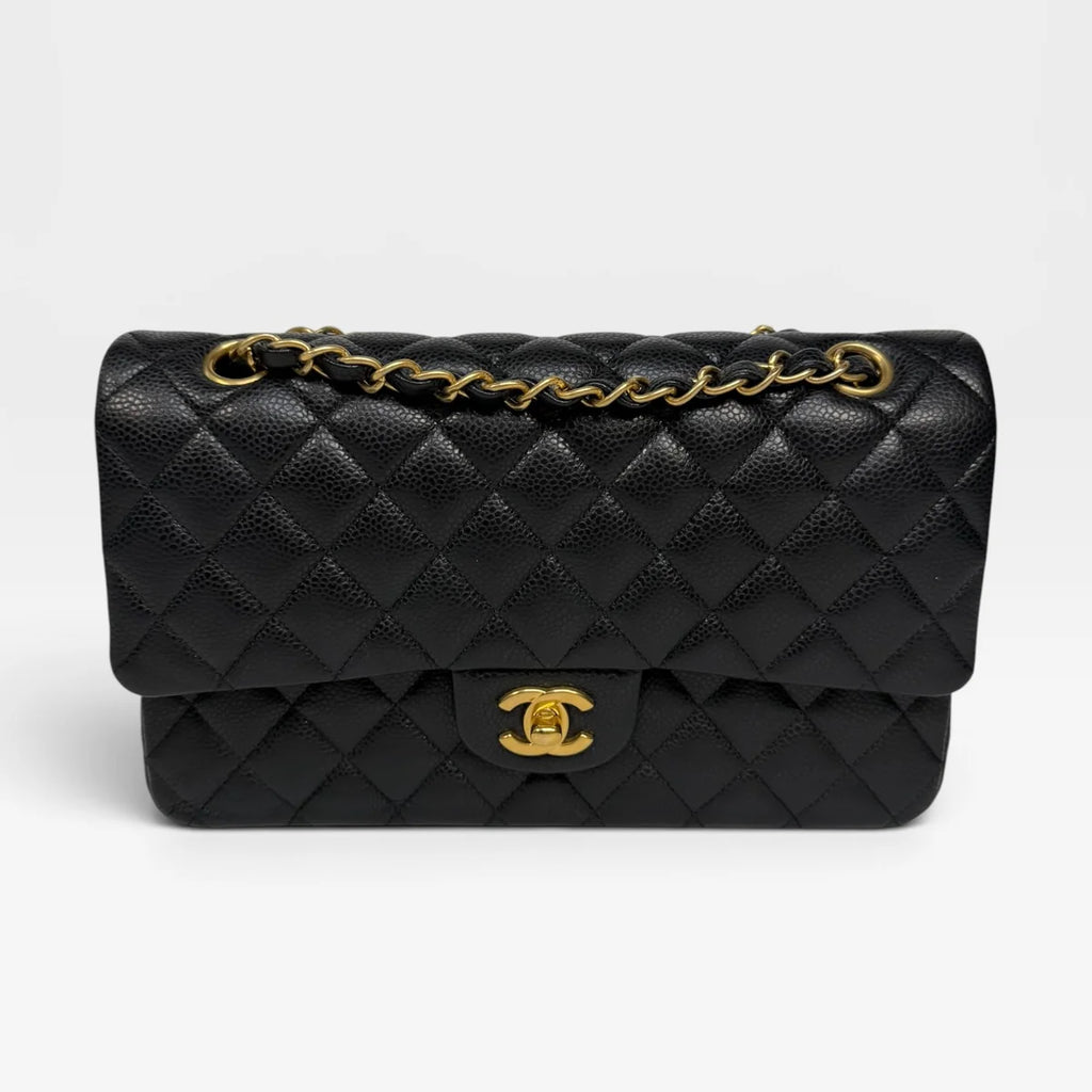 CHANEL MEDIUM CLASSIC DOUBLE FLAP BLACK CAVIAR LEATHER WITH GOLD HARDWARE