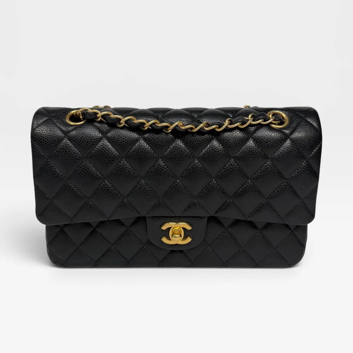 CHANEL MEDIUM CLASSIC DOUBLE FLAP BLACK CAVIAR LEATHER WITH GOLD HARDWARE