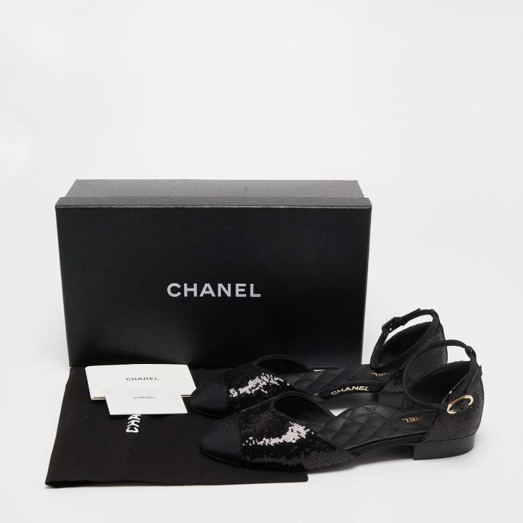 Chanel Black Sequins and Canvas CC Cap Toe Mary Jane Flats Size 39