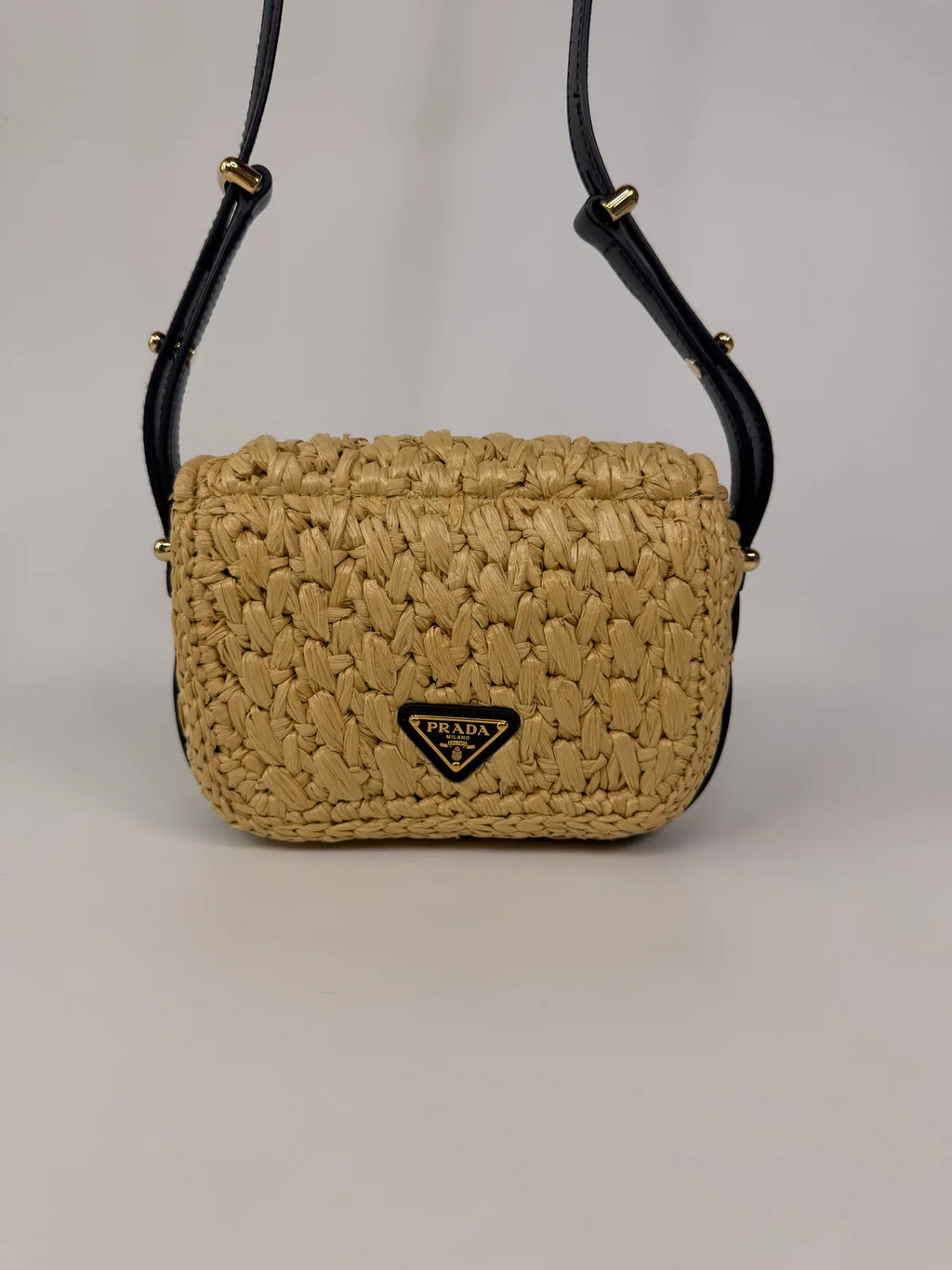 PRADA SMALL LOGO SHOULDER BAG IN NATURAL RAFFIA WITH GOLD HARDWARE