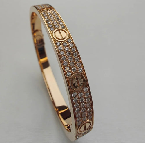 Cartier Love Paved Diamond 18K Rose Gold Cuff Bracelet Size 18
