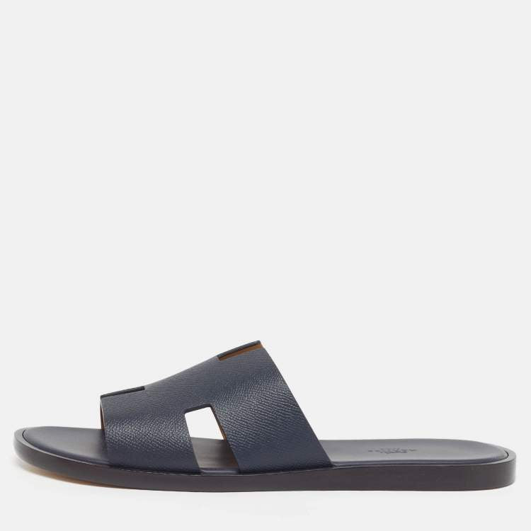 Hermès Izmir Size 43.5 Navy Blue Leather Flat Slides
