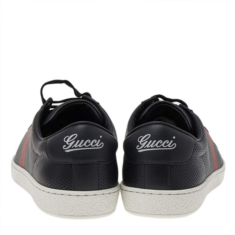 Gucci Black Perforated Leather Web Detail Low Top Sneakers Size 42.5