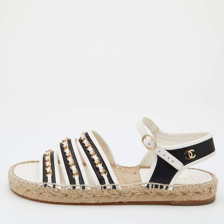 Chanel White/Black Leather Chain Embellished Ankle Strap Espadrille Flats Size 40