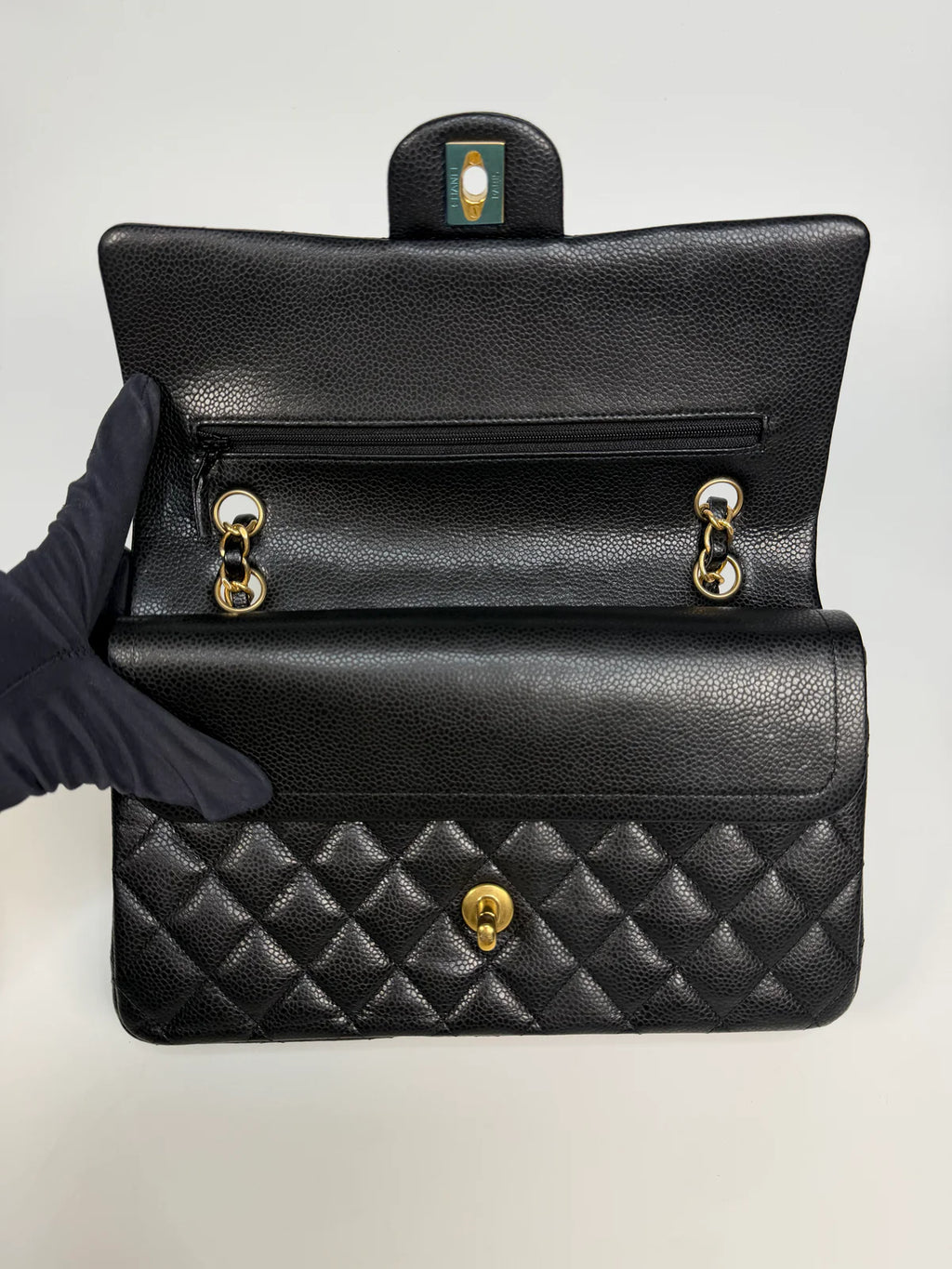 CHANEL MEDIUM CLASSIC DOUBLE FLAP BLACK CAVIAR LEATHER WITH GOLD HARDWARE