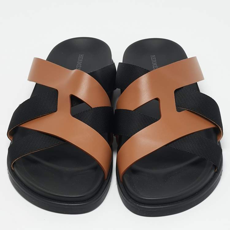 Hermes Brown/Black Leather and Fabric Kazimir Flat Sandals Size 46