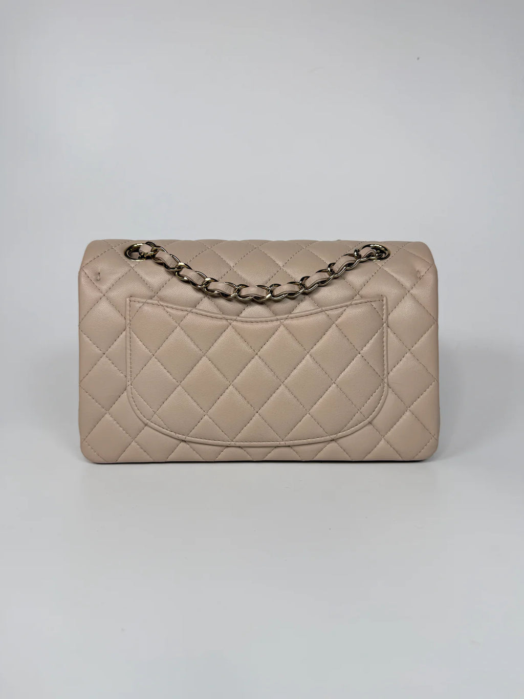 CHANEL SMALL CLASSIC DOUBLE FLAP IN LIGHT BEIGE LAMBSKIN LEATHER WITH PALE GOLD HARDWARE