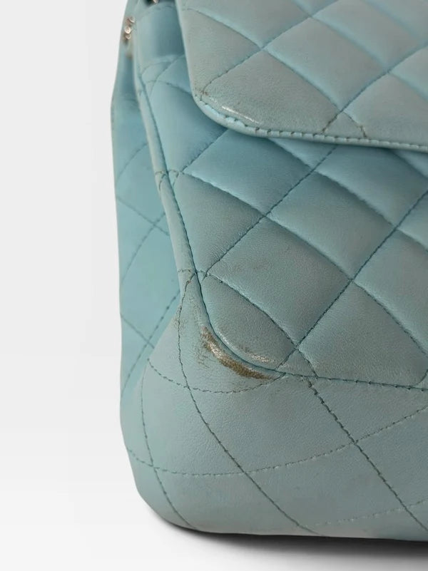CHANEL MEDIUM DOUBLE CLASSIC FLAP LIGHT BLUE LAMBSKIN SILVER HARDWARE