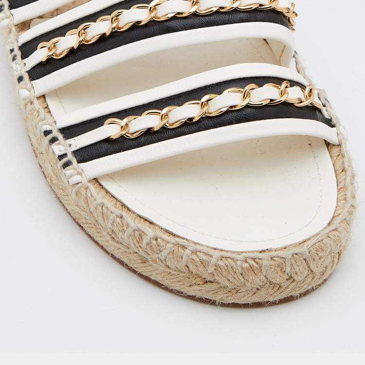 Chanel White/Black Leather Chain Embellished Ankle Strap Espadrille Flats Size 40