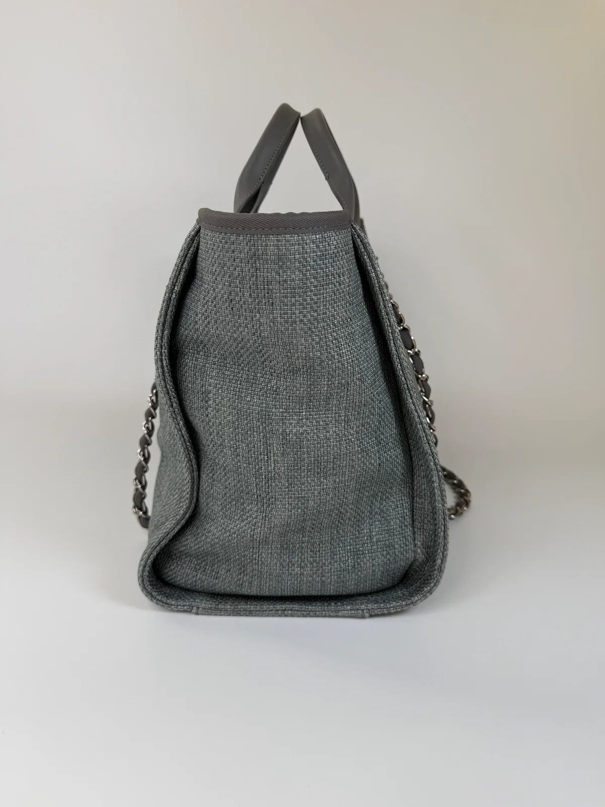 CHANEL MEDIUM DEAUVILLE TOTE BAG IN DENIM BLUE WITH SILVER HARDWARE