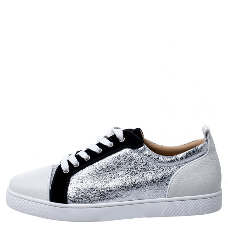 Christian Louboutin Silver/White Foil Leather and Leather Orlato Low Top Sneakers 43.5