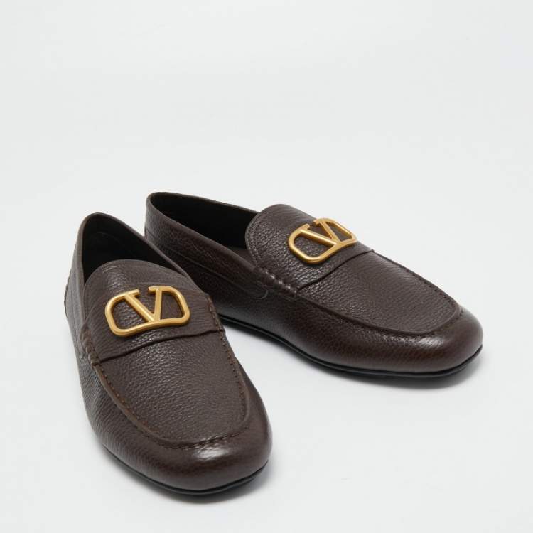 Valentino Dark Brown Leather VLogo Signature Loafers Size 44