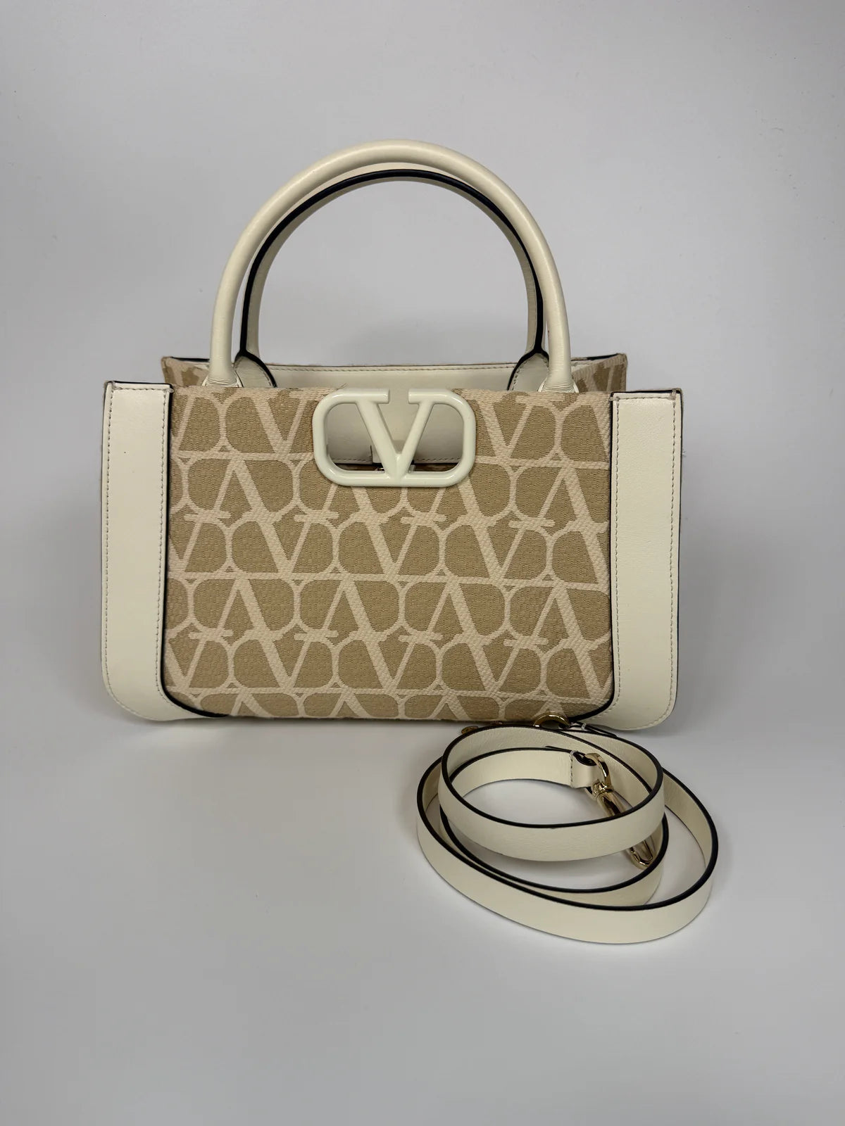 VALENTINO GARAVANI CANVAS TOTE IN BEIGE CANVAS AND LEATHER WITH GOLD HARDWARE