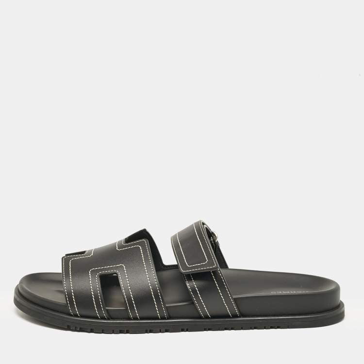 Hermes Black Leather Chypre Sandals Size 46