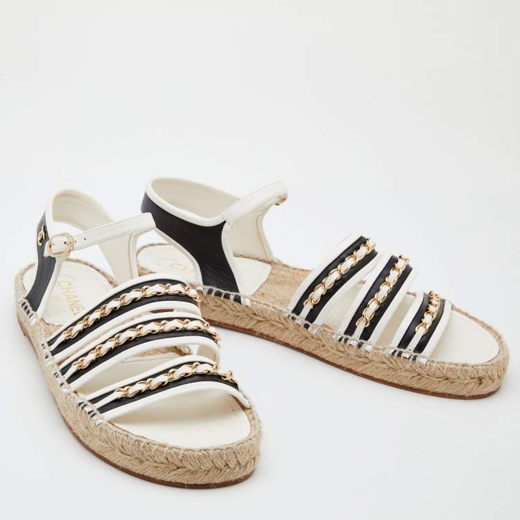 Chanel White/Black Leather Chain Embellished Ankle Strap Espadrille Flats Size 40