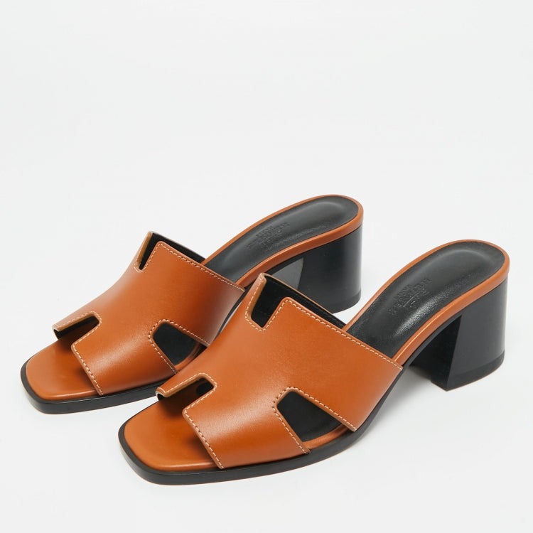 Hermès Brown Leather Helia Slide Sandals Size 36