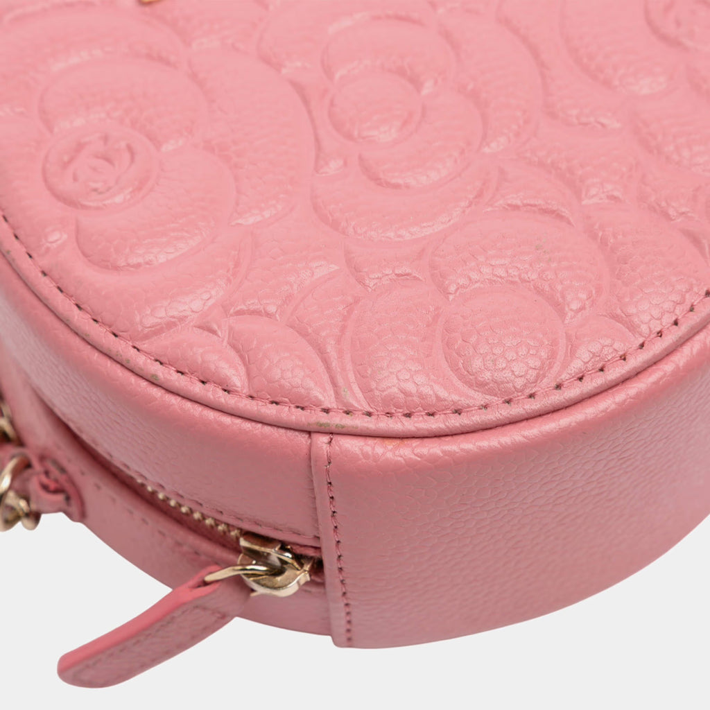 Chanel Pink CC Embossed Caviar Camellia Round Clutch With Chain