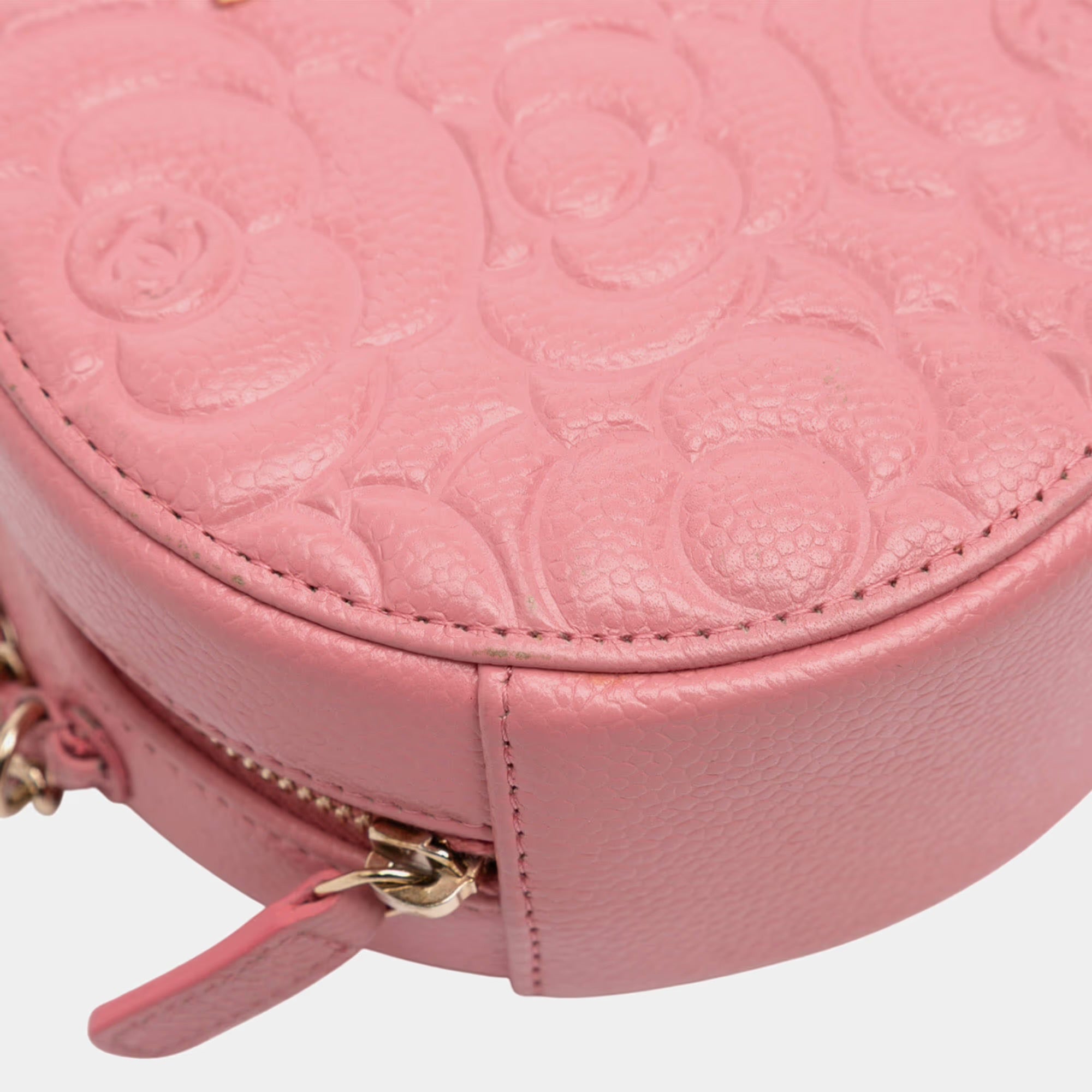Chanel Pink CC Embossed Caviar Camellia Round Clutch With Chain