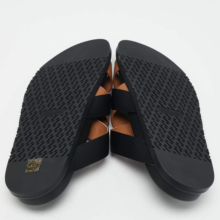 Hermes Brown/Black Leather and Fabric Kazimir Flat Sandals Size 46