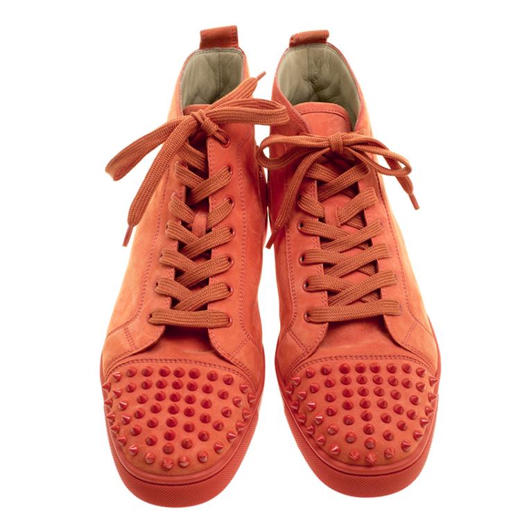 Christian Louboutin Orange Suede Lou Spikes High Top Sneakers Size 44.5