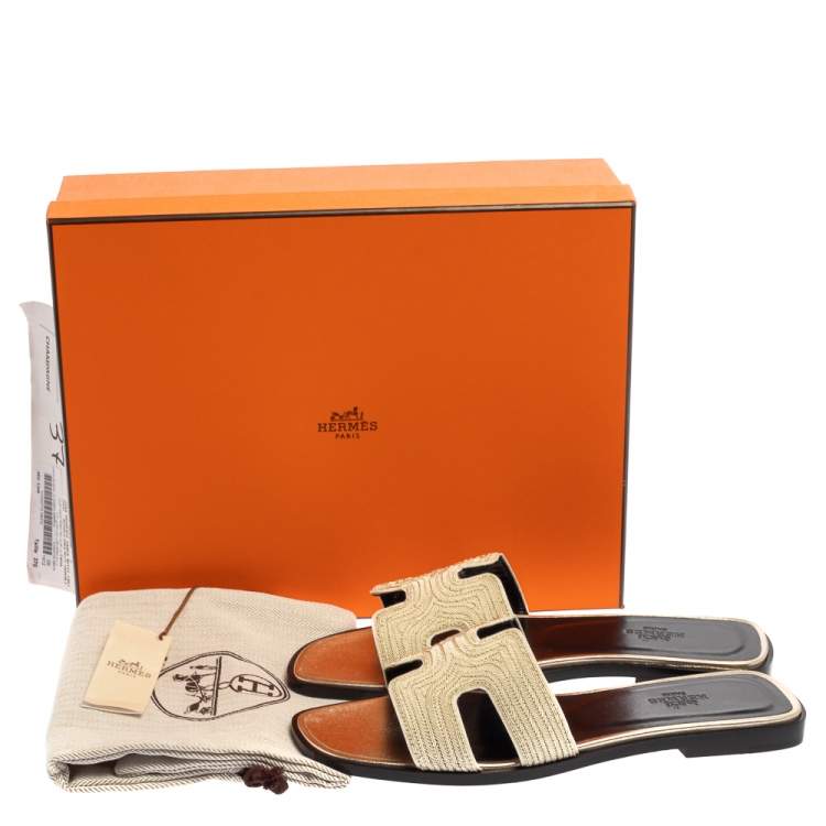 Hermes Metallic Pale Gold Twisted Metal Thread Oran Sandals Size 37