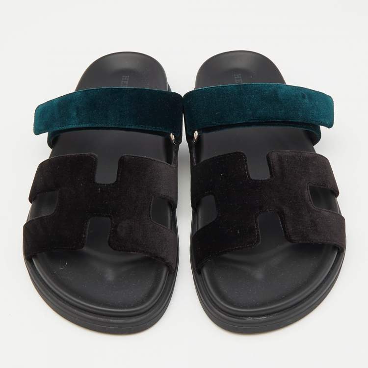 Hermes Black/Green Velvet Chypre Sandals Size 37